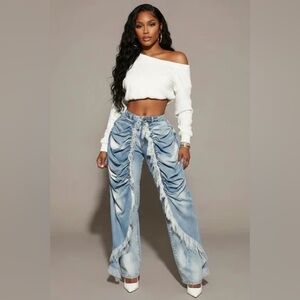Stylish High Waist Stretch Drapped Blue Frayed Women's Jeans